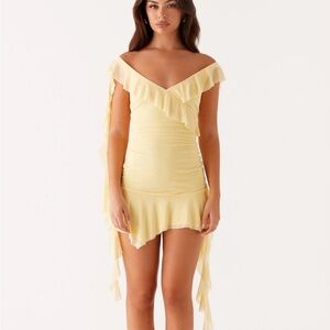Women's Off-Shoulder Ruffle Mini Dress in Pale Yellow